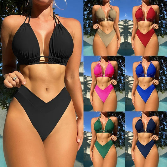 Fission High Elastic Pure Color Bikini Swimsuit